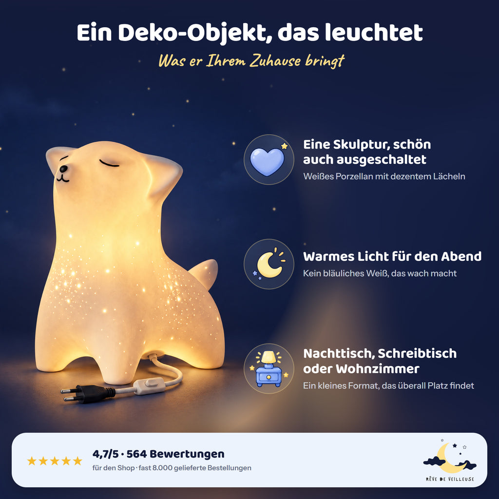 Fuchs-Nachtlicht aus weißer Keramik, ein Deko-Objekt, das leuchtet: Skulptur, schön auch ausgeschaltet, warmes Licht, Nachttisch, Schreibtisch oder Wohnzimmer