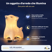 Luce notturna volpe in ceramica bianca, un oggetto d'arredo che illumina: scultura bella anche da spenta, luce calda, comodino, scrivania o soggiorno