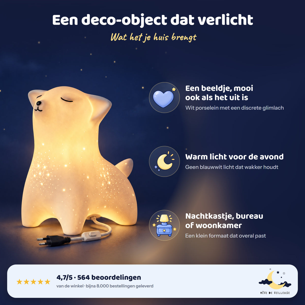 Nachtlampje vos van wit keramiek, een deco-object dat verlicht: beeldje, mooi ook als het uit is, warm licht, nachtkastje, bureau of woonkamer