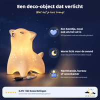 Nachtlampje vos van wit keramiek, een deco-object dat verlicht: beeldje, mooi ook als het uit is, warm licht, nachtkastje, bureau of woonkamer
