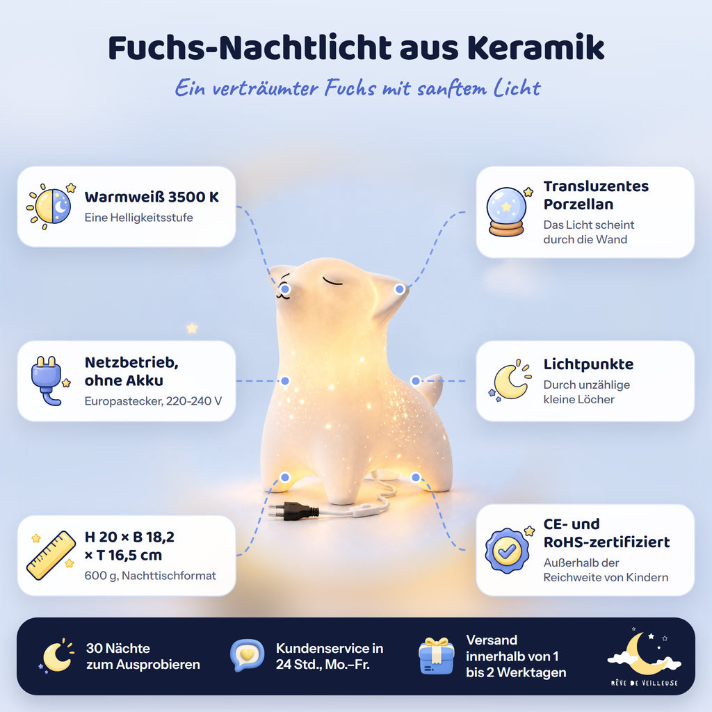 Eigenschaften des Fuchs-Nachtlichts aus Keramik: Warmweiß 3500 K, Netzbetrieb, transluzentes Porzellan, Lichtpunkte