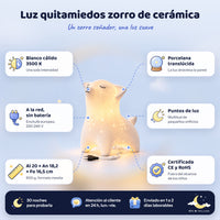 Características de la luz quitamiedos zorro de cerámica: blanco cálido 3500 K, conectada a la red, porcelana translúcida, puntos de luz