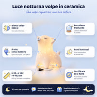 Caratteristiche della luce notturna volpe in ceramica: bianco caldo 3500 K, a rete, porcellana traslucida, punti luminosi