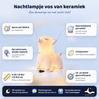 Kenmerken van het nachtlampje vos van keramiek: warm wit 3500 K, op netstroom, doorschijnend porselein, lichtpunten