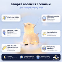 Cechy lampki nocnej lis z ceramiki: ciepła biel 3500 K, zasilanie z sieci, półprzezroczysta porcelana, punkty światła