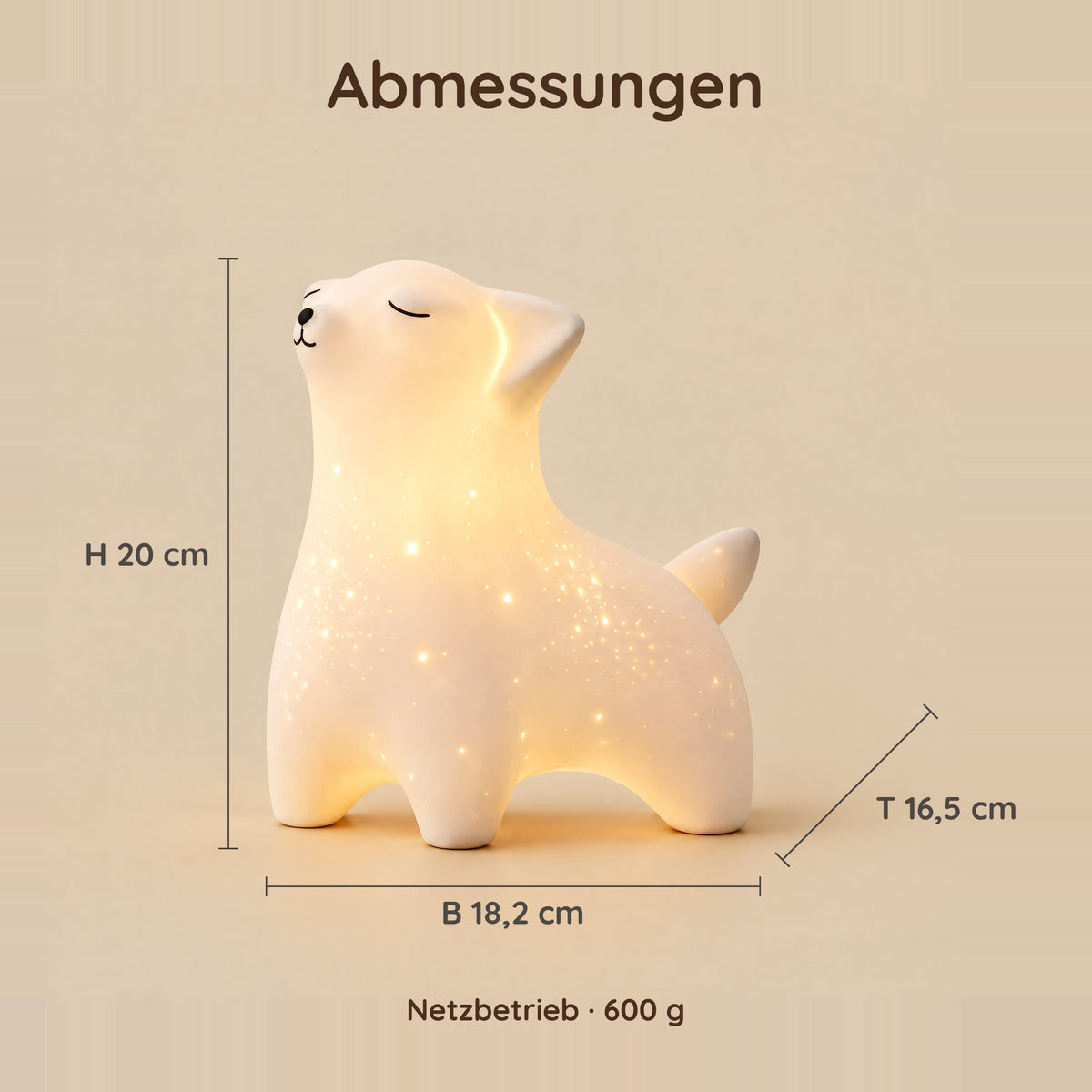 Abmessungen des Fuchs-Nachtlichts: 20 cm hoch, 18,2 cm breit, 16,5 cm tief