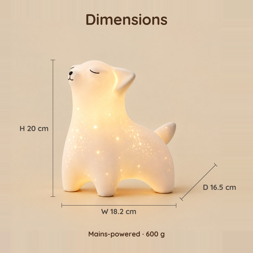 Dimensions of the fox night light: 20 cm high, 18.2 cm wide, 16.5 cm deep