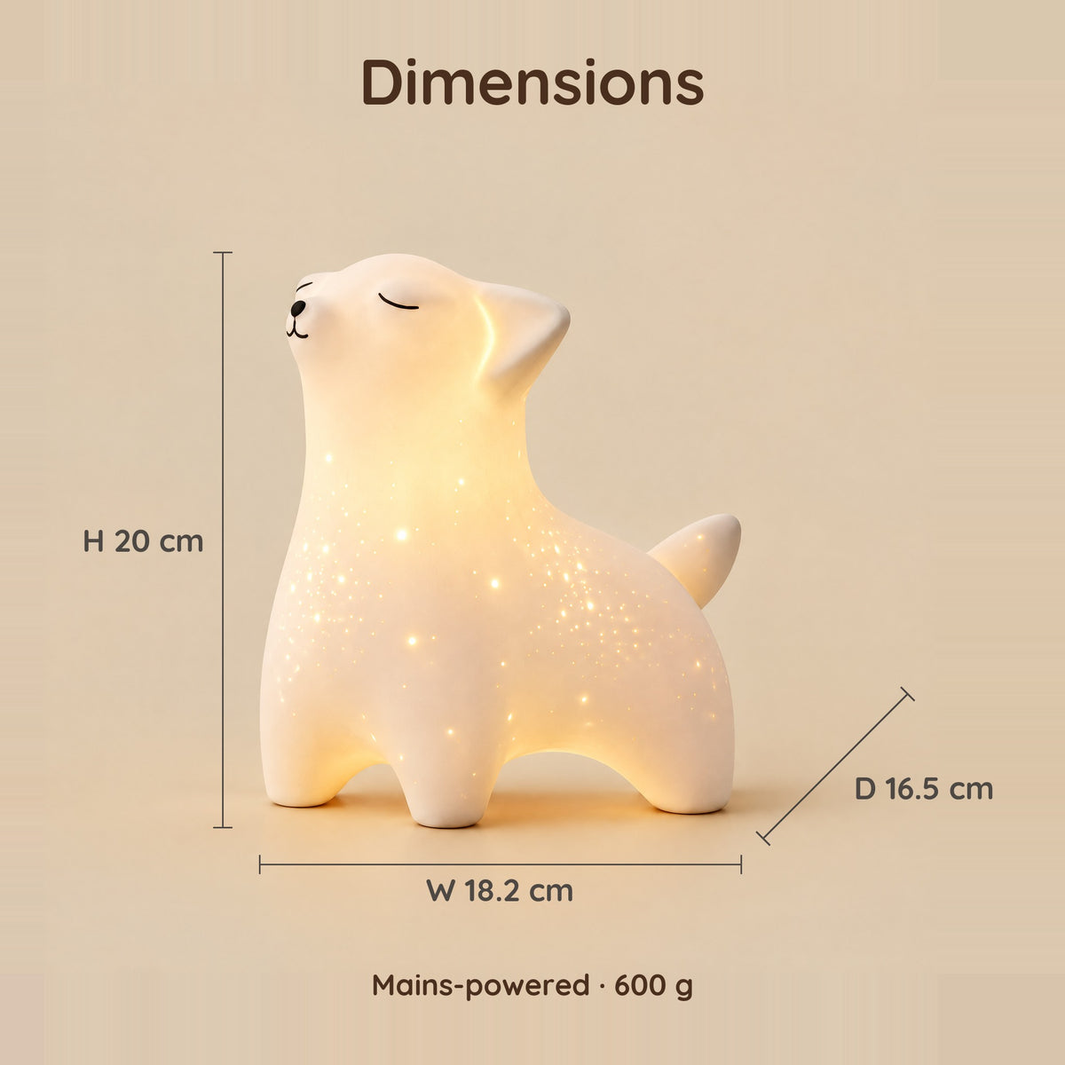Dimensions of the fox night light: 20 cm high, 18.2 cm wide, 16.5 cm deep