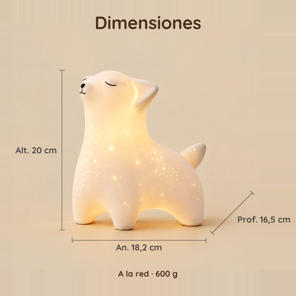 Dimensiones de la luz quitamiedos zorro: 20 cm de alto, 18,2 cm de ancho, 16,5 cm de fondo