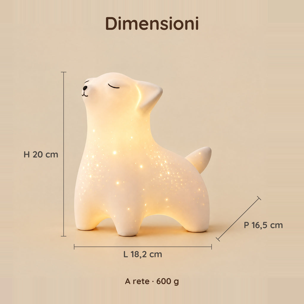 Dimensioni della luce notturna volpe: 20 cm di altezza, 18,2 cm di larghezza, 16,5 cm di profondità