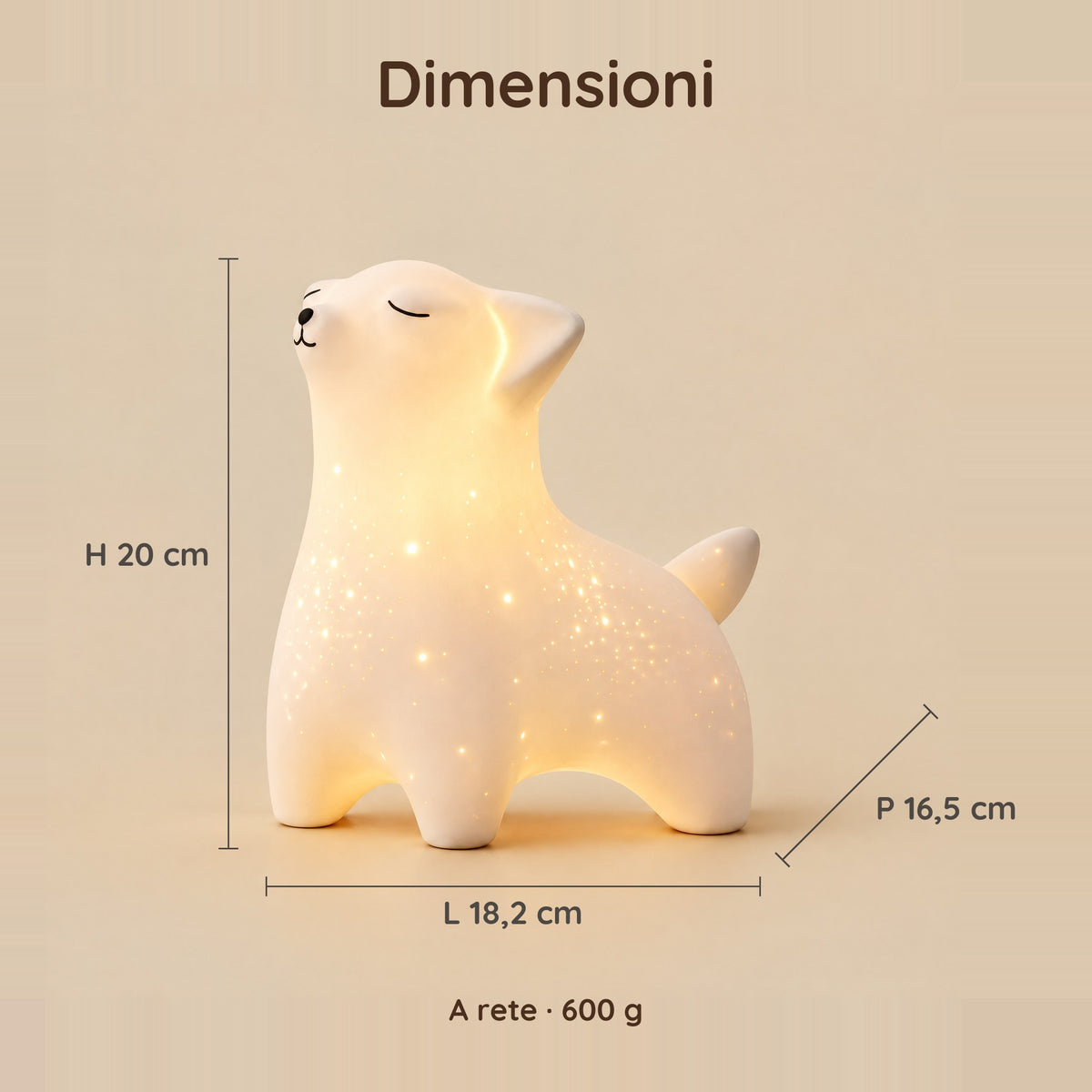 Dimensioni della luce notturna volpe: 20 cm di altezza, 18,2 cm di larghezza, 16,5 cm di profondità