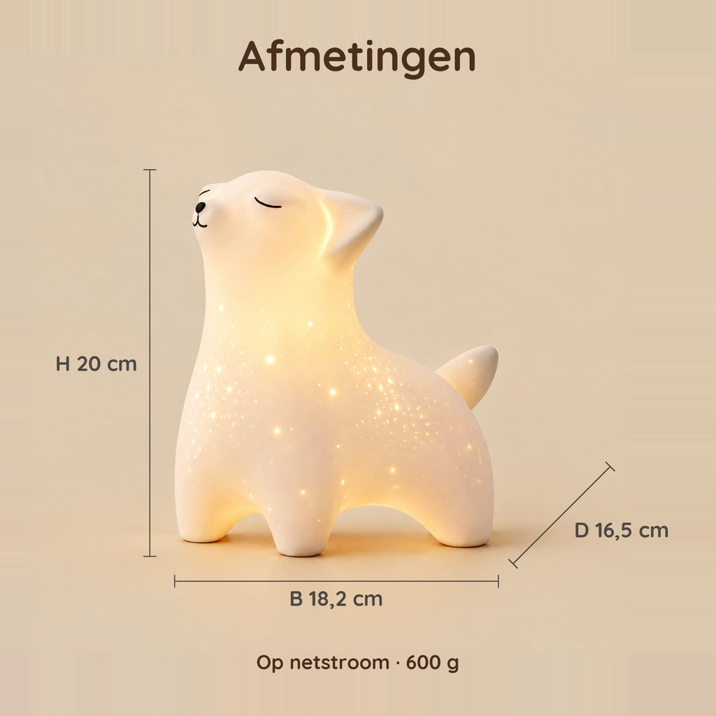 Afmetingen van het nachtlampje vos: 20 cm hoog, 18,2 cm breed, 16,5 cm diep