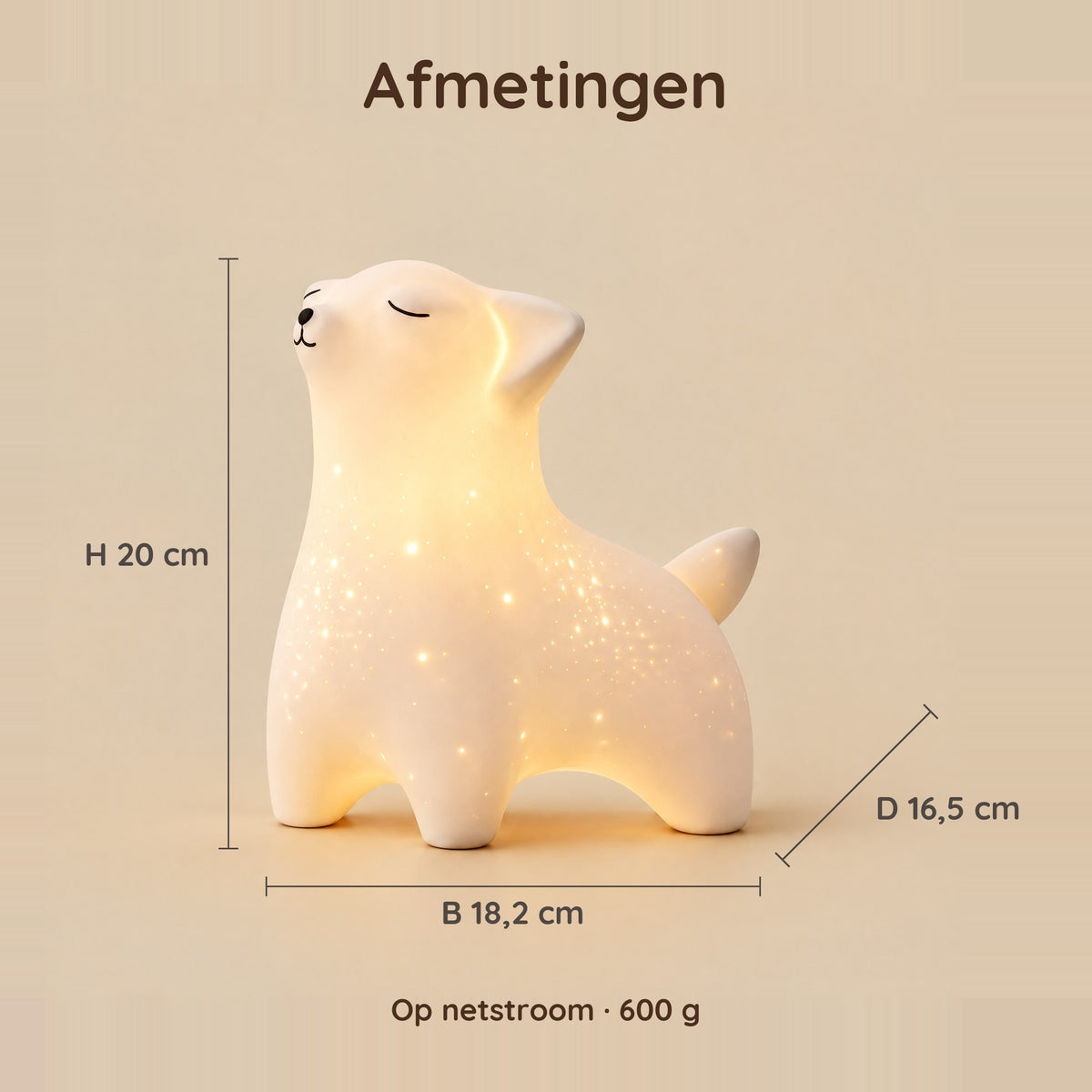 Afmetingen van het nachtlampje vos: 20 cm hoog, 18,2 cm breed, 16,5 cm diep
