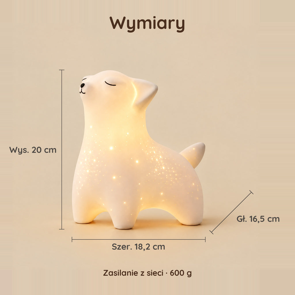 Wymiary lampki nocnej lis: 20 cm wysokości, 18,2 cm szerokości, 16,5 cm głębokości