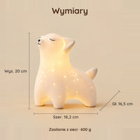 Wymiary lampki nocnej lis: 20 cm wysokości, 18,2 cm szerokości, 16,5 cm głębokości