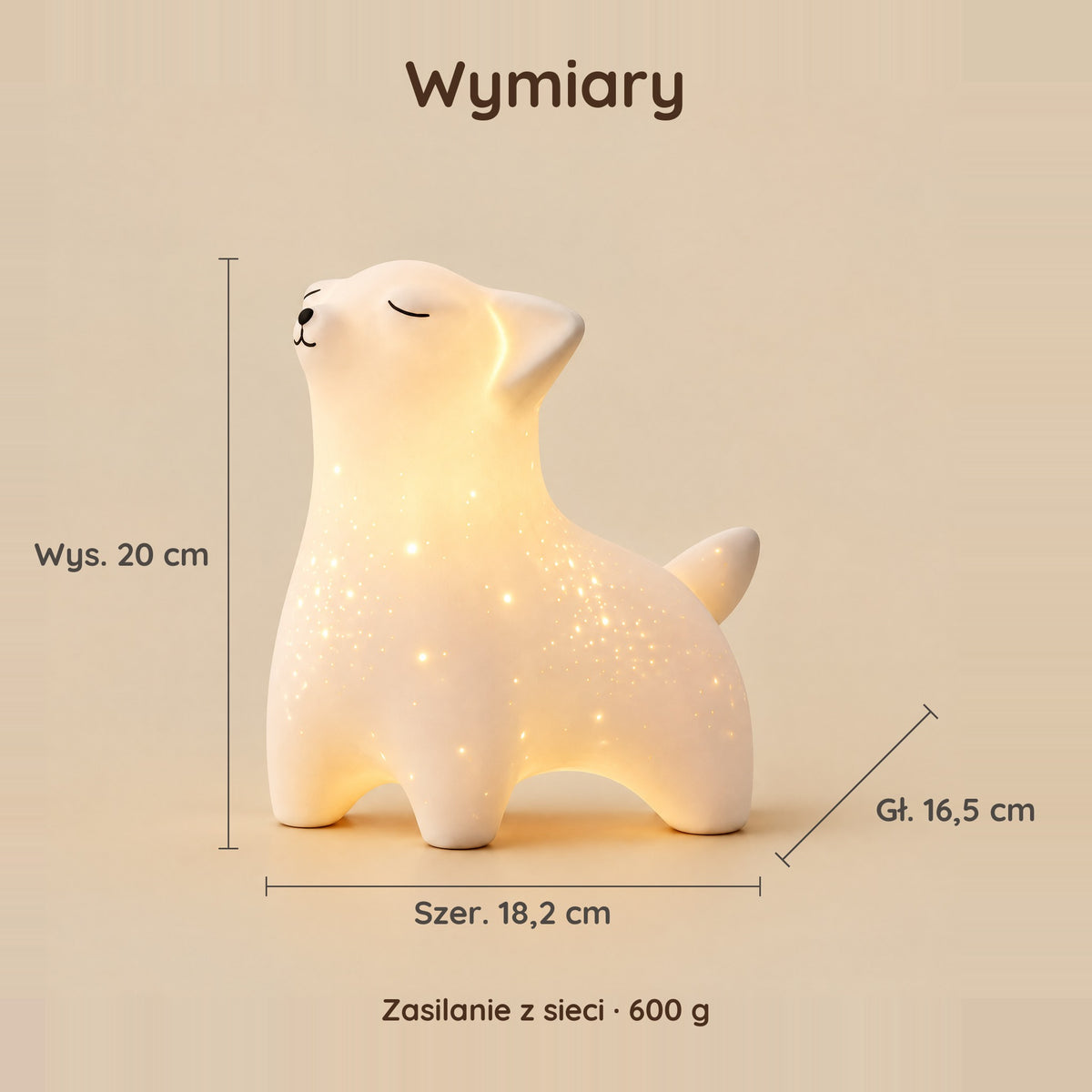 Wymiary lampki nocnej lis: 20 cm wysokości, 18,2 cm szerokości, 16,5 cm głębokości