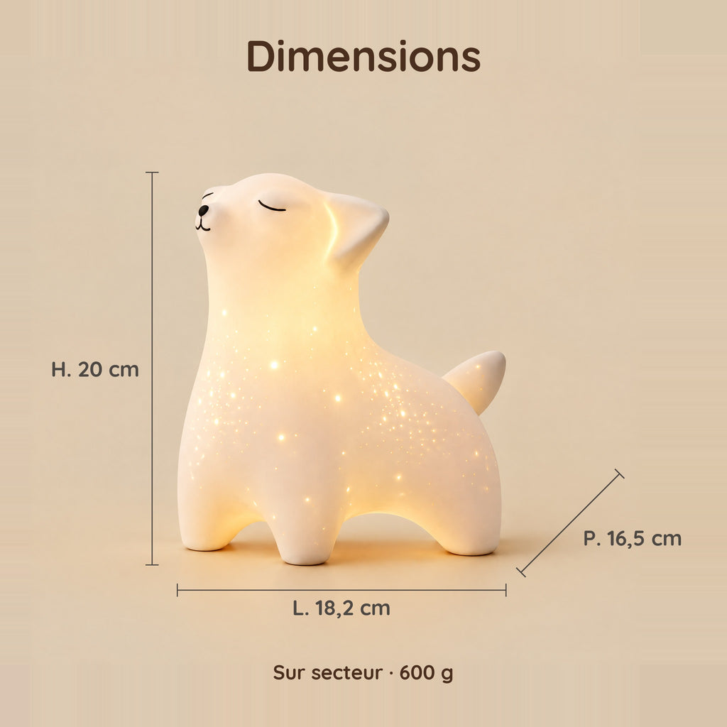 Dimensions de la veilleuse renard : 20 cm de haut, 18,2 cm de large, 16,5 cm de profondeur