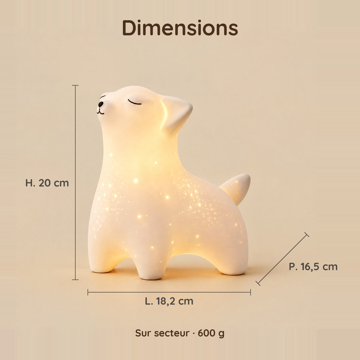 Dimensions de la veilleuse renard : 20 cm de haut, 18,2 cm de large, 16,5 cm de profondeur