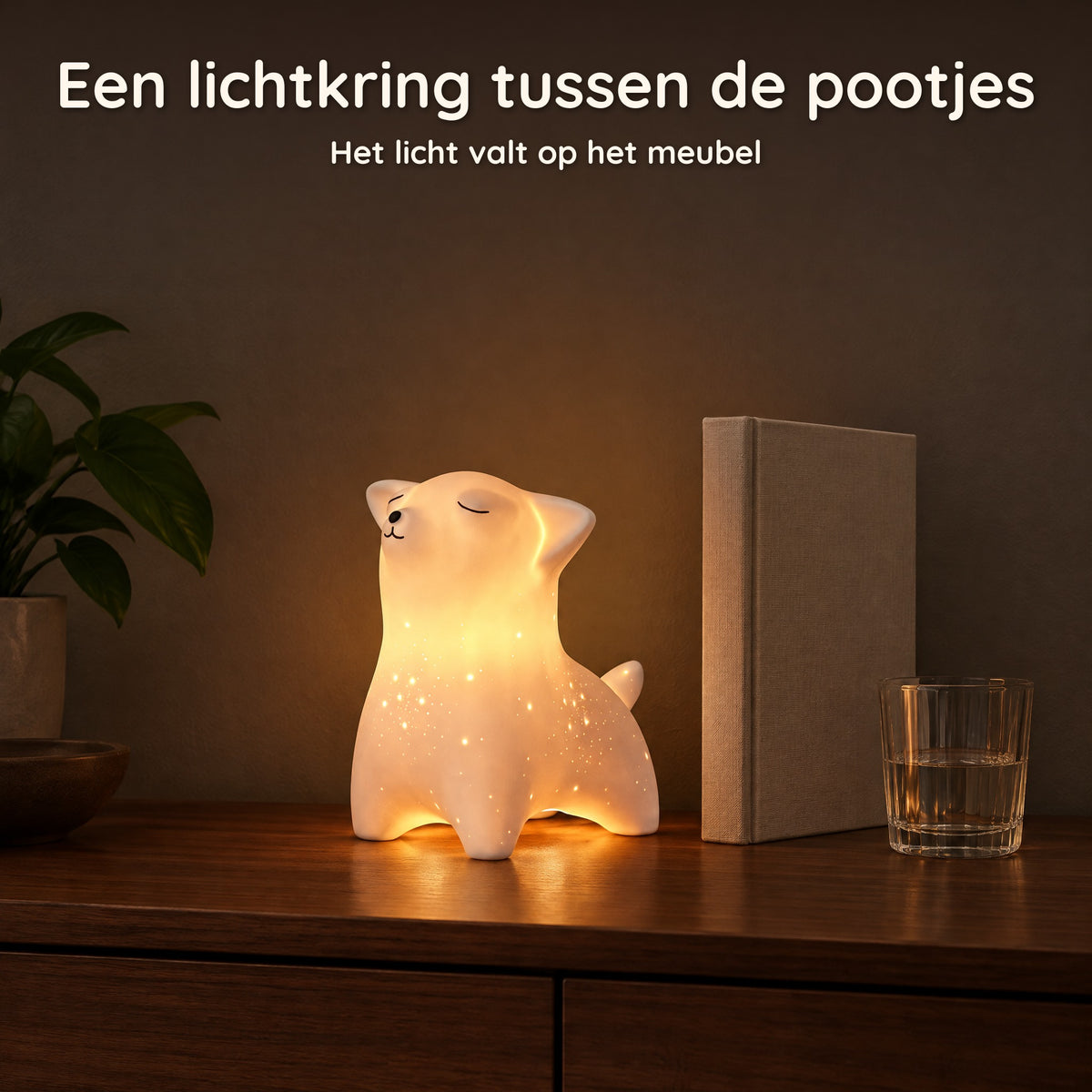 Verlichte vos van porselein op een donkere console, een lichtkring tussen zijn pootjes