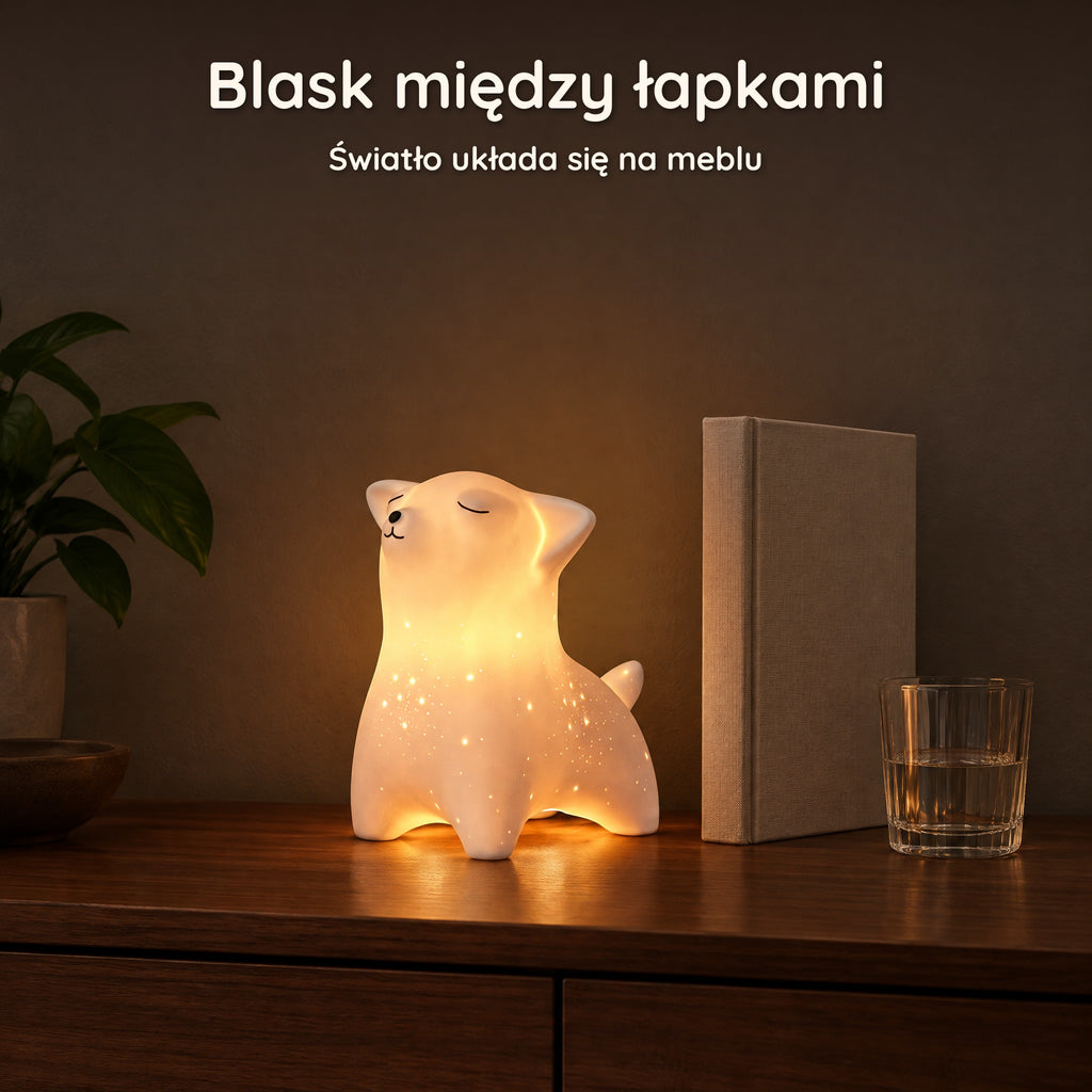 Zapalona lampka nocna lis z porcelany na ciemnej komodzie, krąg światła między łapkami