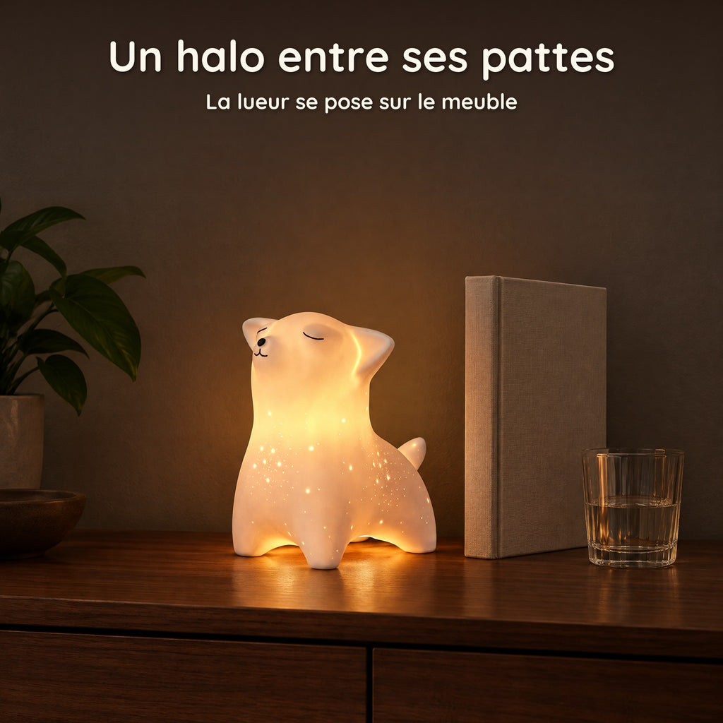 Veilleuse renard en porcelaine allumée sur une console sombre, un halo de lumière entre ses pattes