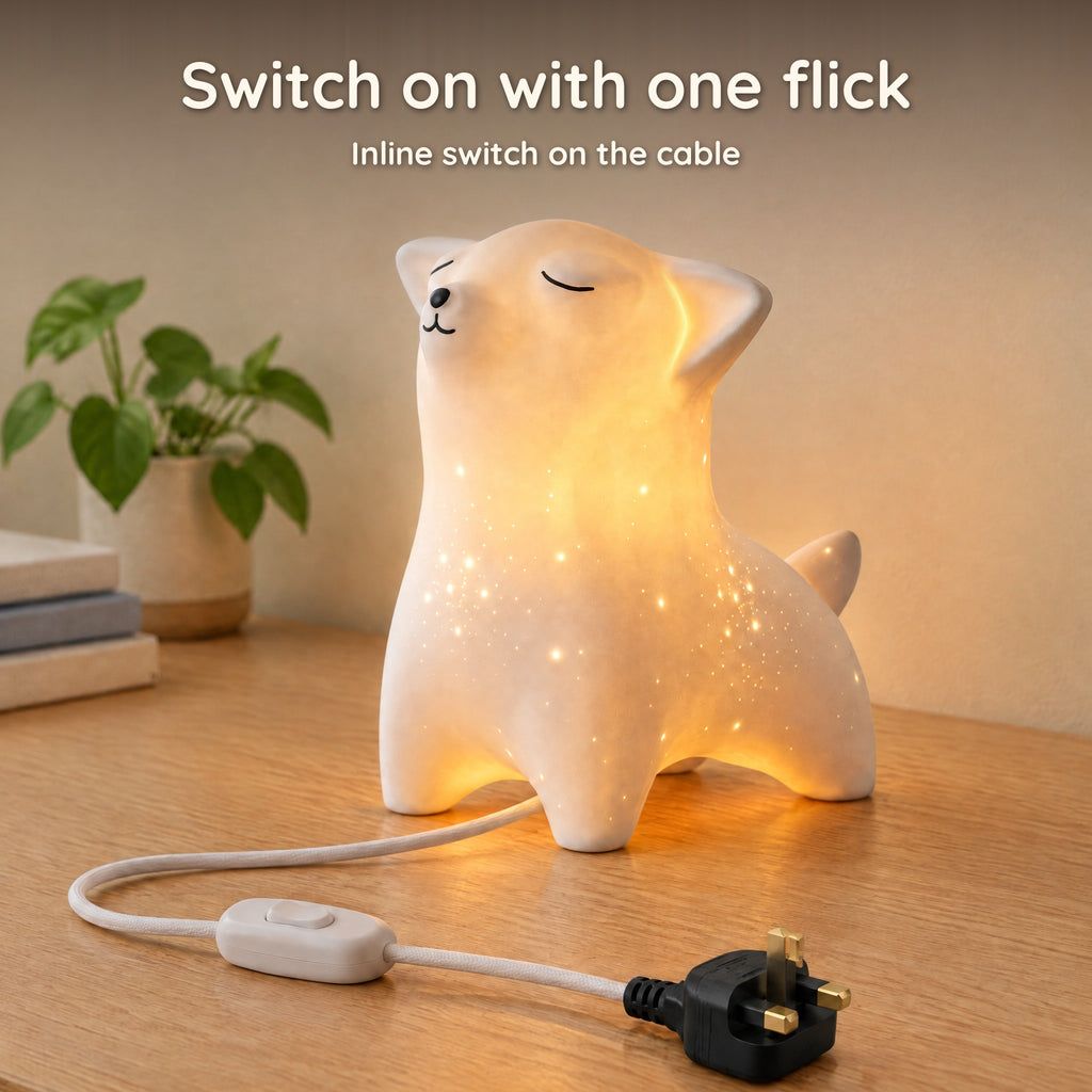 Cable of the fox night light with its inline switch and plug, in front of the lit fox