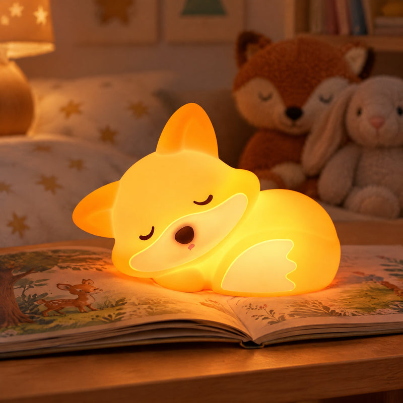 Veilleuse renard en silicone endormi sur un livre de contes, lumière chaude orangée