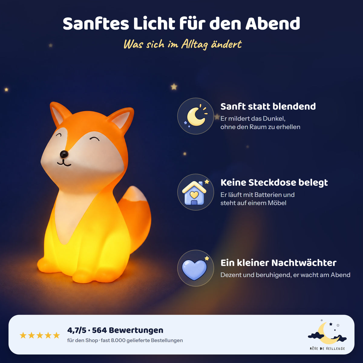 Fuchs-Nachtlicht in Orange mit Batterien: sanftes Licht, keine Steckdose nötig, ein kleiner Nachtwächter