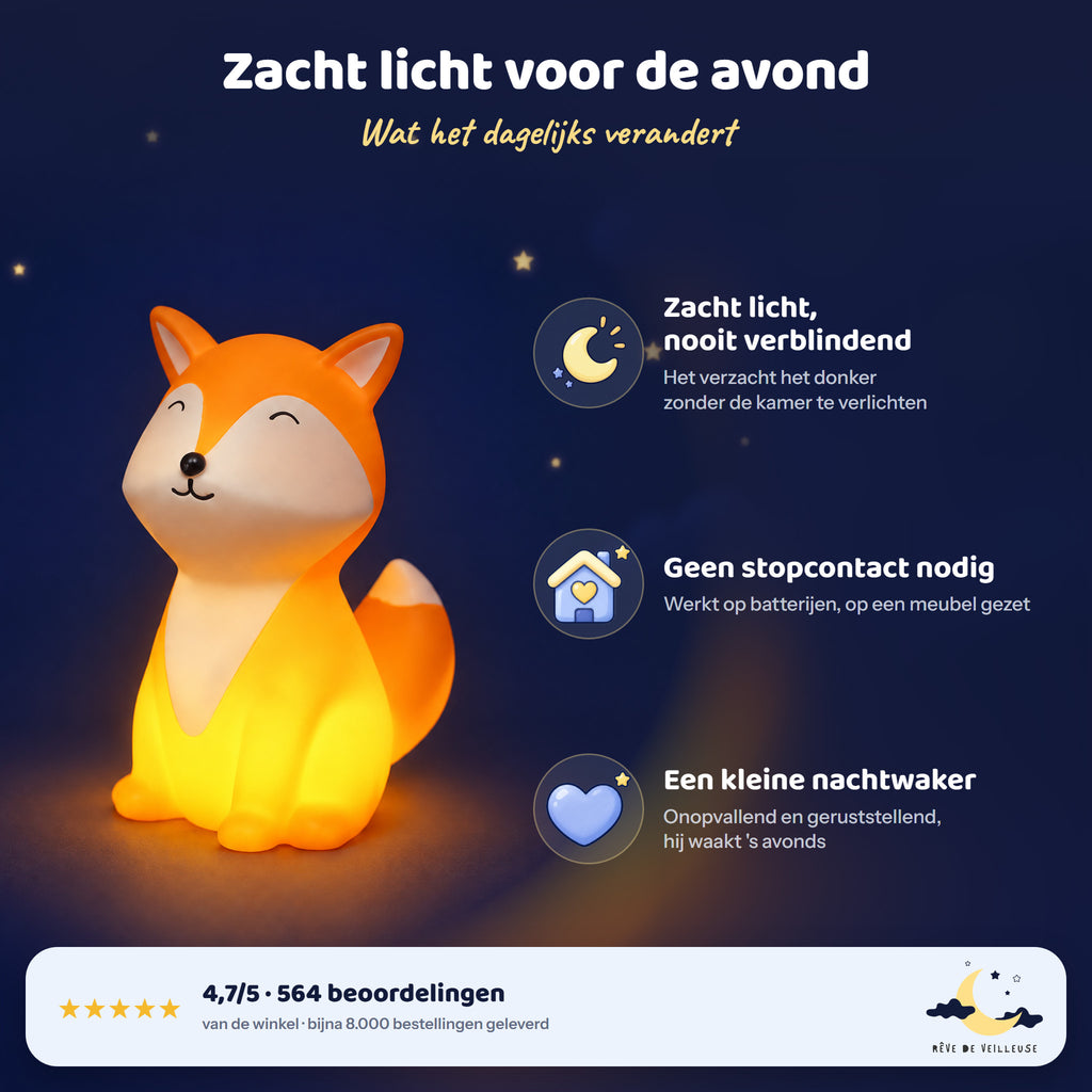 Oranje vos nachtlampje op batterijen: zacht licht, geen stopcontact nodig, een kleine nachtwaker