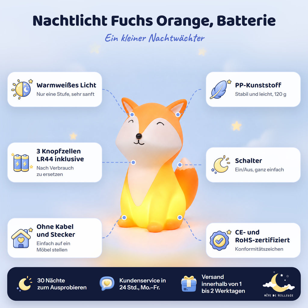 Fuchs-Nachtlicht in Orange mit Batterien: warmweißes Licht, 3 Knopfzellen LR44, PP-Kunststoff, Schalter, CE und RoHS