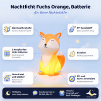 Fuchs-Nachtlicht in Orange mit Batterien: warmweißes Licht, 3 Knopfzellen LR44, PP-Kunststoff, Schalter, CE und RoHS