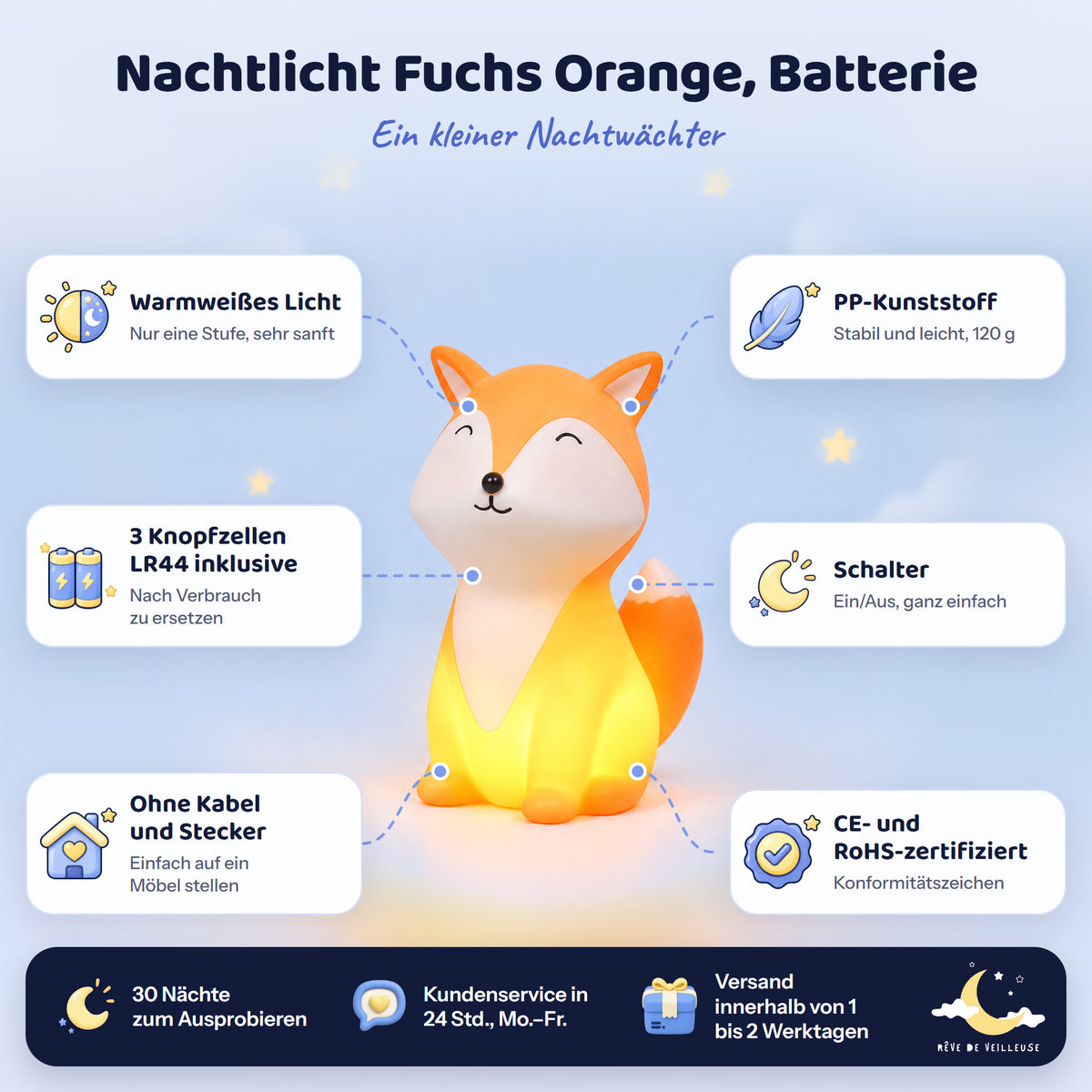 Fuchs-Nachtlicht in Orange mit Batterien: warmweißes Licht, 3 Knopfzellen LR44, PP-Kunststoff, Schalter, CE und RoHS