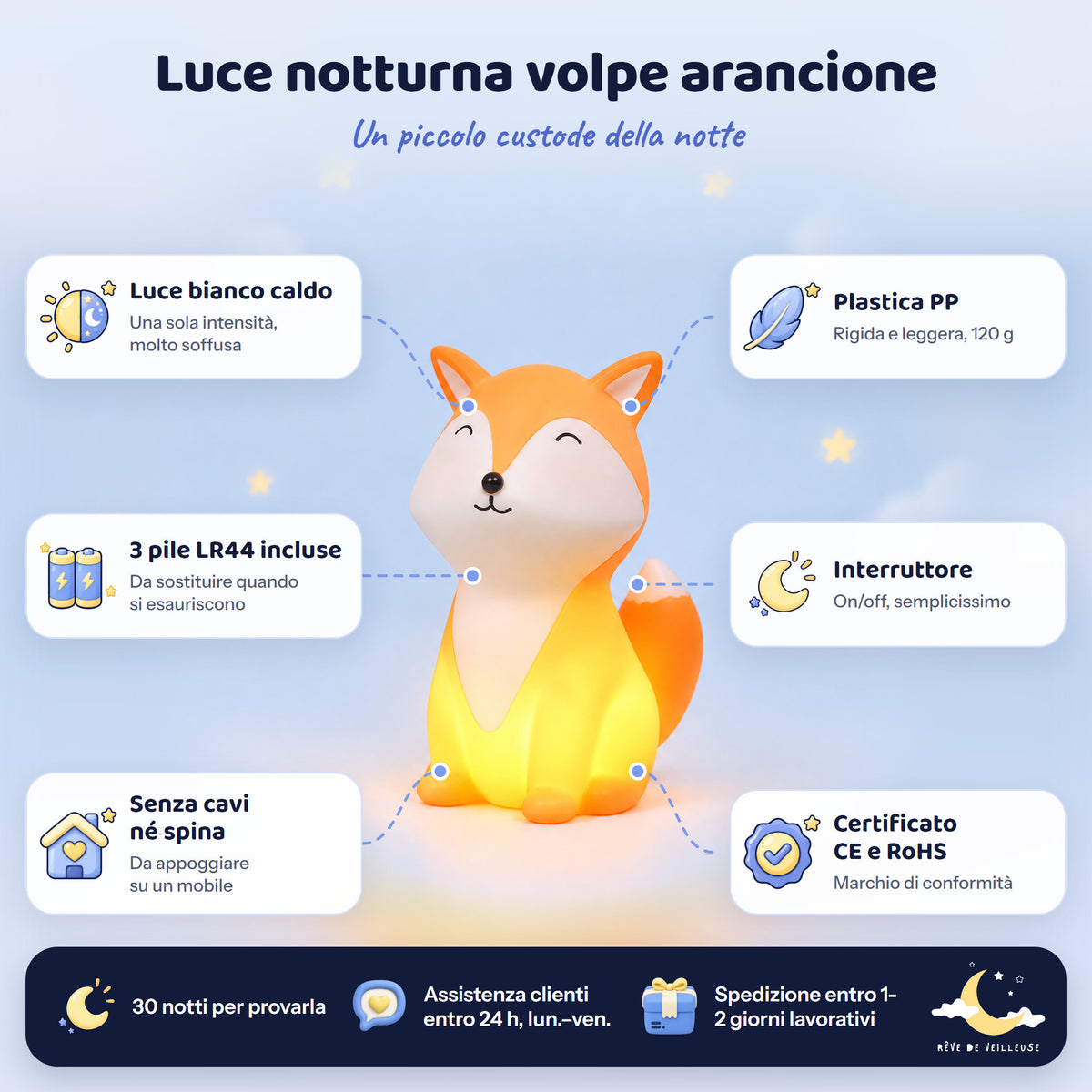 Luce notturna volpe arancione a pile: luce bianco caldo, 3 pile LR44 incluse, plastica PP, interruttore, CE e RoHS