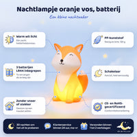 Oranje vos nachtlampje op batterijen: warm wit licht, 3 batterijen LR44, PP-kunststof, schakelaar, CE en RoHS
