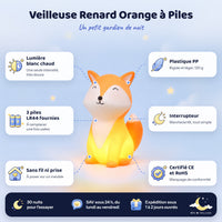 Veilleuse renard orange à piles : lumière blanc chaud, 3 piles LR44 fournies, plastique PP, interrupteur, CE et RoHS