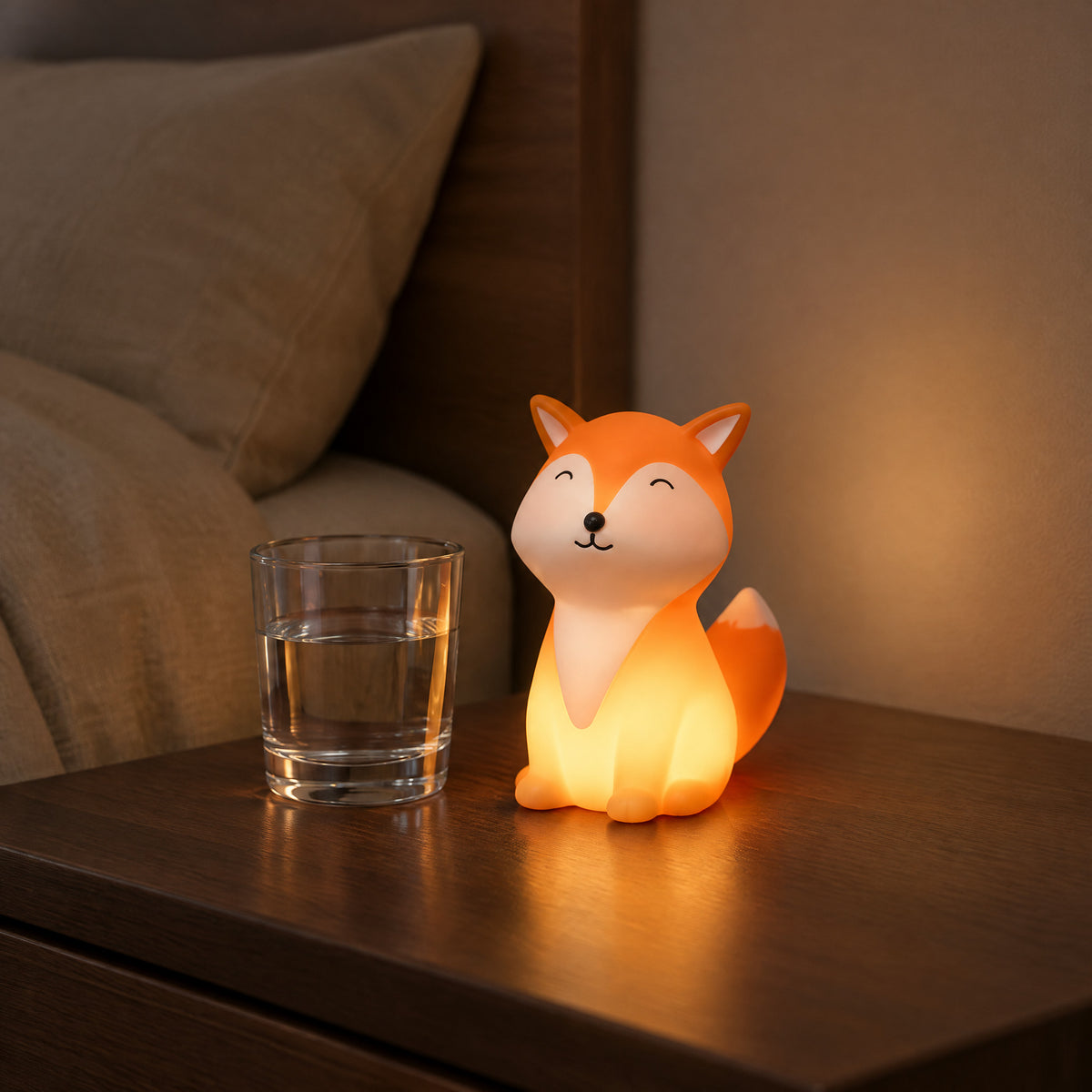 Lit orange fox night light on a bedside table next to a glass of water