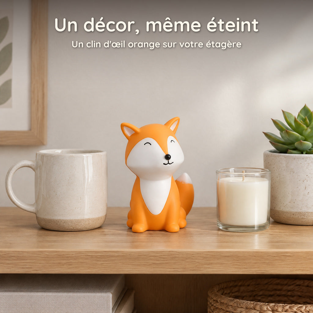 Veilleuse renard orange éteinte sur une étagère, entre une tasse et une bougie : un décor même éteint