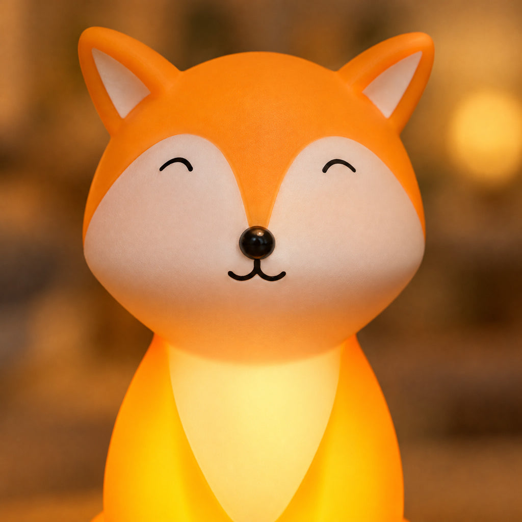 Close-up of the smiling face of the fox night light: closed eyes, little black nose