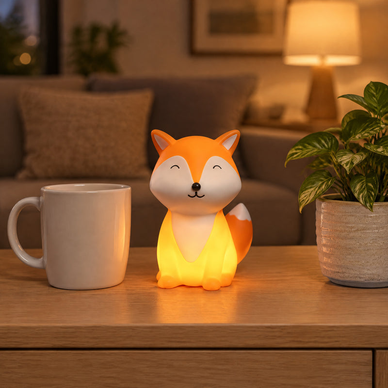 Lit orange fox night light on a console table next to a mug and a plant