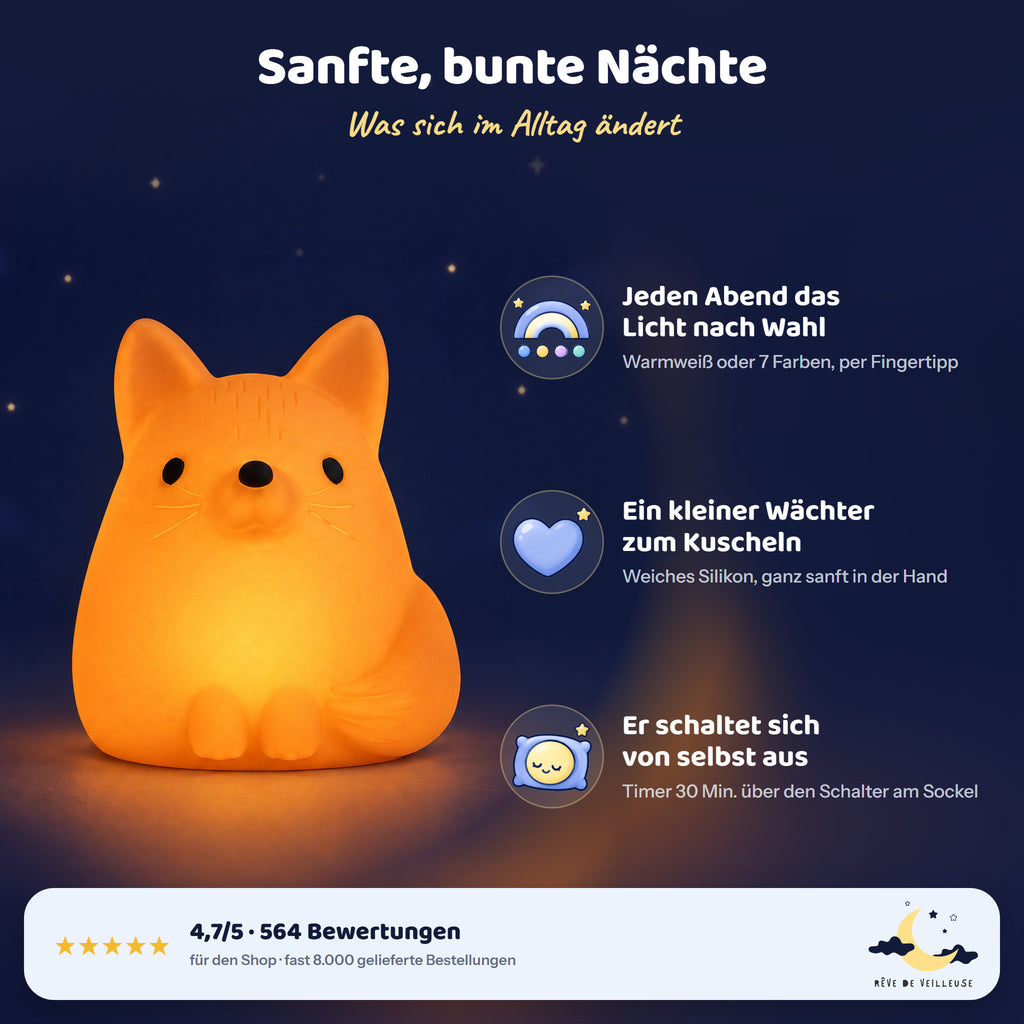 Oranges Fuchs-Nachtlicht auf nachtblauem Hintergrund mit drei Vorteilen: Licht nach Wahl, Silikon zum Kuscheln, Timer