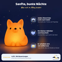 Oranges Fuchs-Nachtlicht auf nachtblauem Hintergrund mit drei Vorteilen: Licht nach Wahl, Silikon zum Kuscheln, Timer