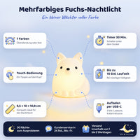 Weißes Fuchs-Nachtlicht eingeschaltet mit seinen Merkmalen: 7 Farben, Touch-Bedienung, Timer 30 Min., Aufladen per USB-C