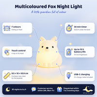 White fox night light switched on with its features: 7 colours, touch control, 30 min timer, USB-C charging