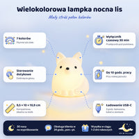 Biała lampka nocna lis włączona z jej cechami: 7 kolorów, sterowanie dotykowe, wyłącznik czasowy 30 min, ładowanie USB-C