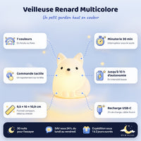 Veilleuse renard blanche allumée et ses caractéristiques : 7 couleurs, commande tactile, minuterie 30 min, recharge USB-C
