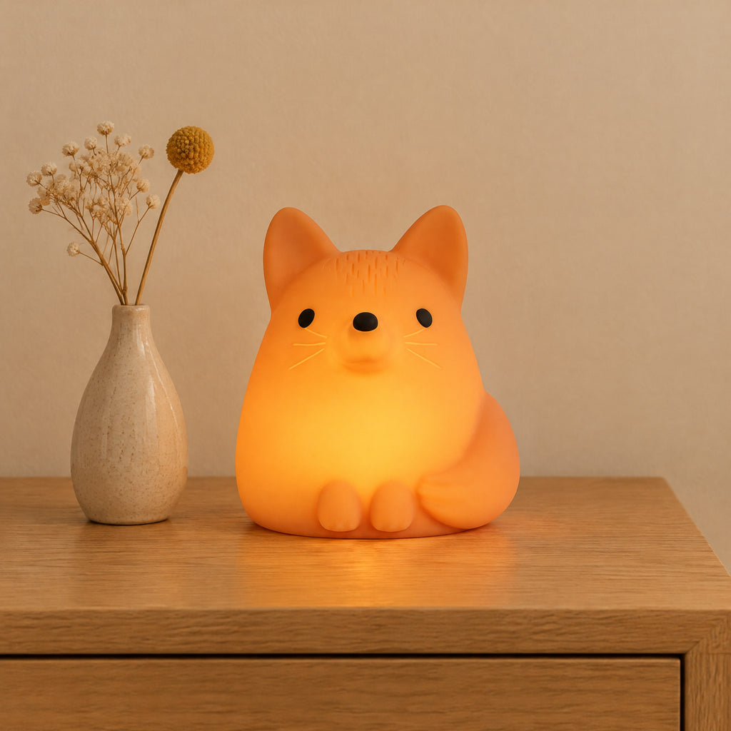 Fuchs-Nachtlicht in Orange eingeschaltet auf einer Kommode vor einer cremefarbenen Wand, mit einer kleinen Vase mit Trockenblumen