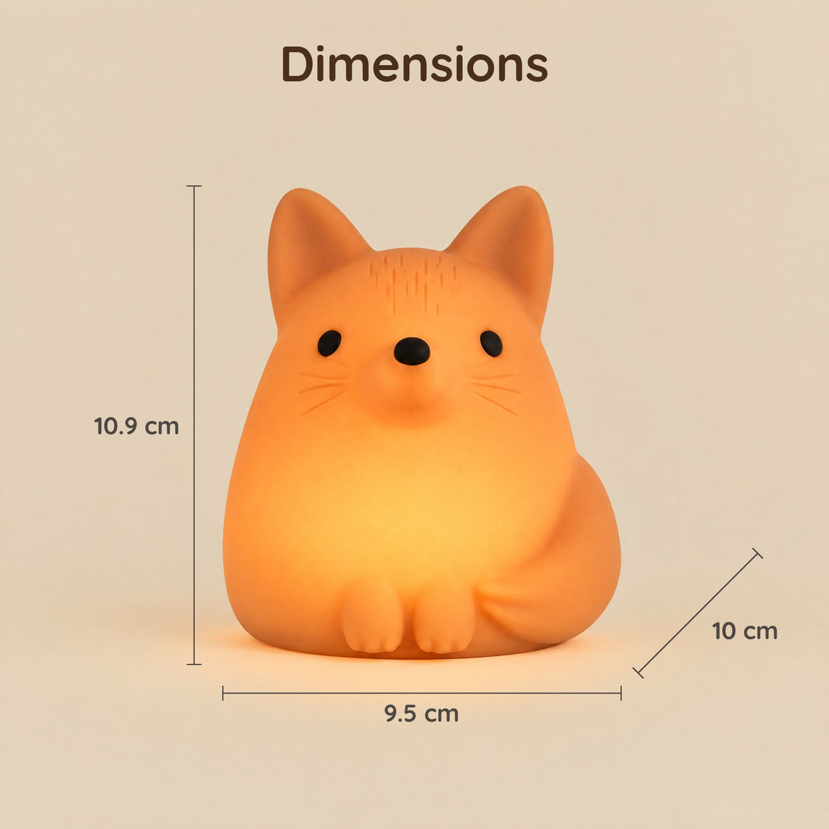 Dimensions of the orange fox night light: 10.9 cm, 9.5 cm and 10 cm