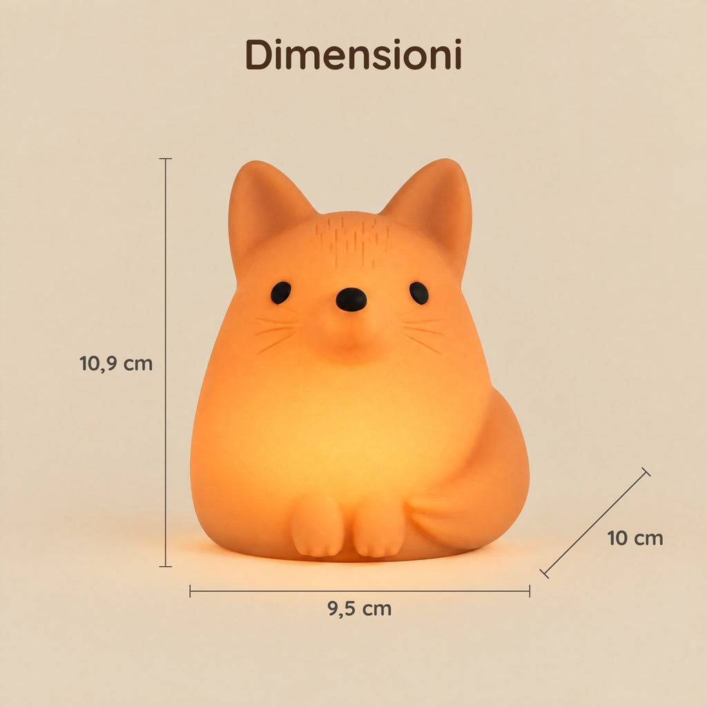 Dimensioni della luce notturna volpe arancione: 10,9 cm, 9,5 cm e 10 cm