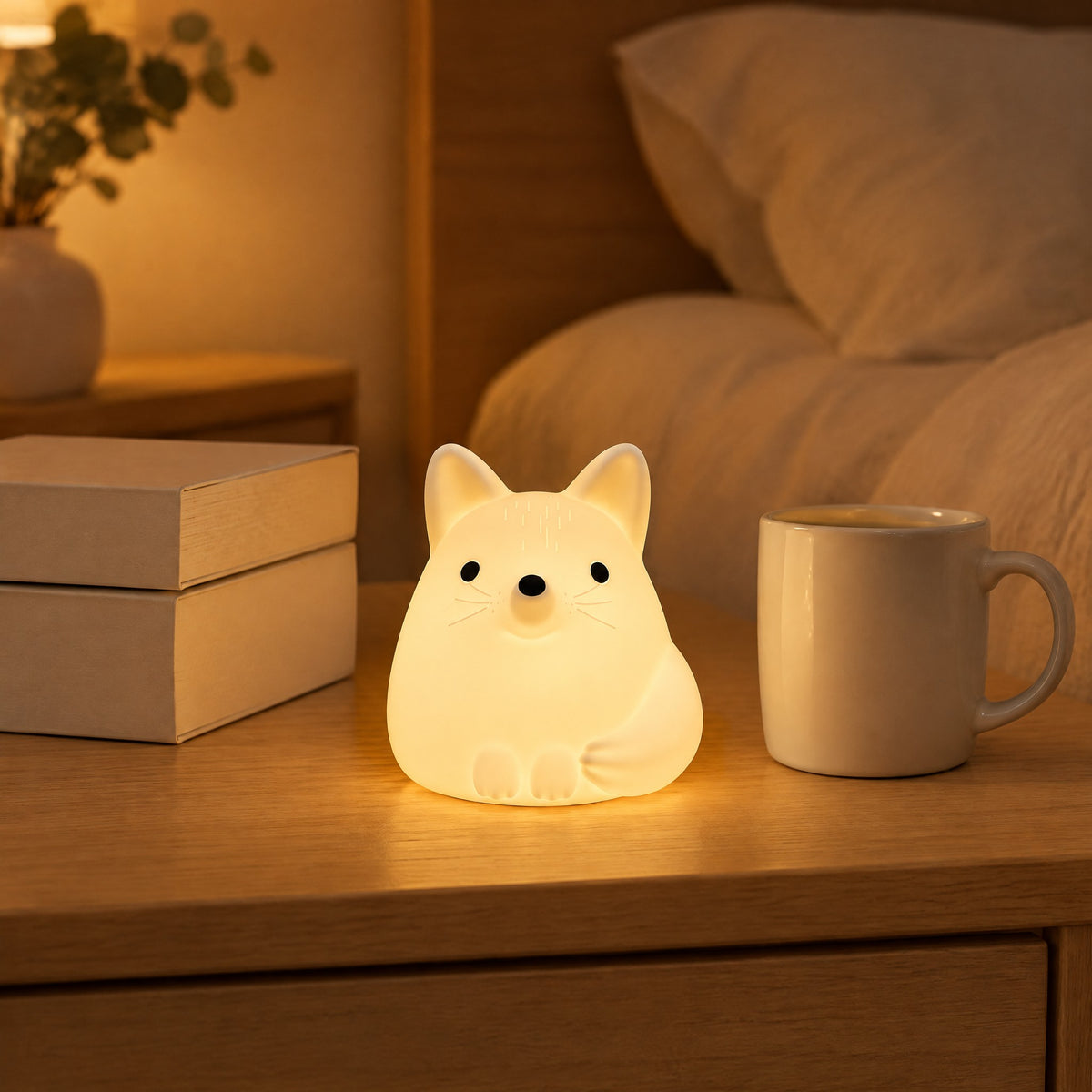 Weißes Fuchs-Nachtlicht eingeschaltet auf dem Nachttisch, neben zwei Büchern und einer Tasse