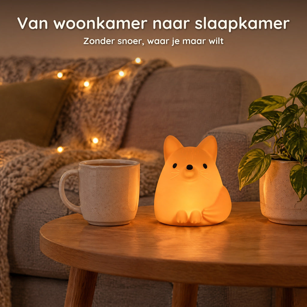 Oranje vossen-nachtlampje aan op een salontafel naast een mok, zonder snoer